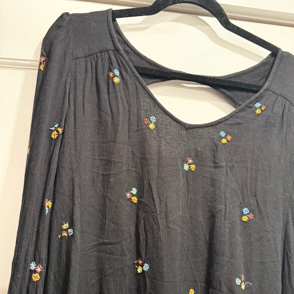 Free People Oxford Black Embroidered Swing Dress Large Boho Festival Coachella - Picture 8 of 15
